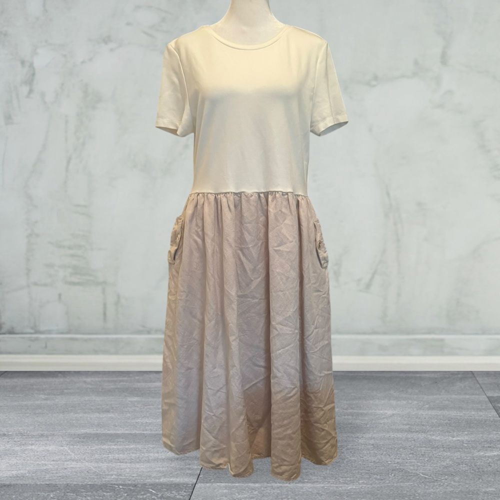 Women’s Dress Size Medium Ivory & Dusty Pink Babydoll Short Sleeve Stretchy Top